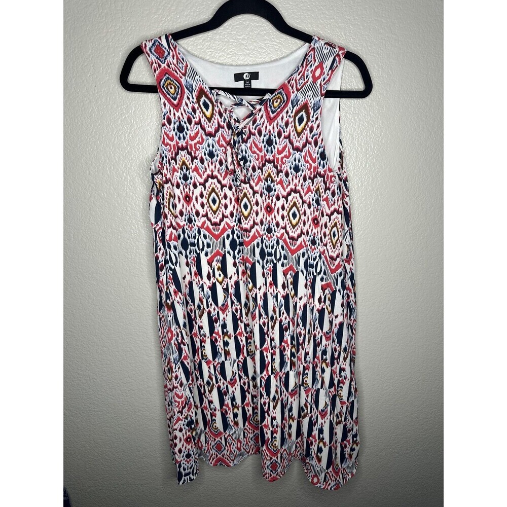 A&I Dress Womens Medium Multicolor Geometric Lace Up Shift Lined Sundress